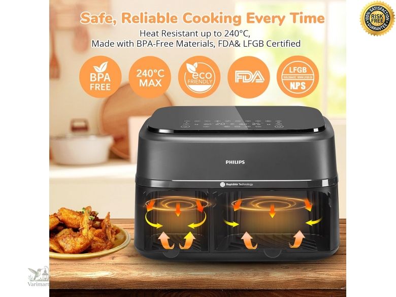 Airfryer Zubehör-Set Für Philips Dual Basket 3000 Serie – 9-teilig Mit Silikon-Einsätzen, Grillrost & Zange